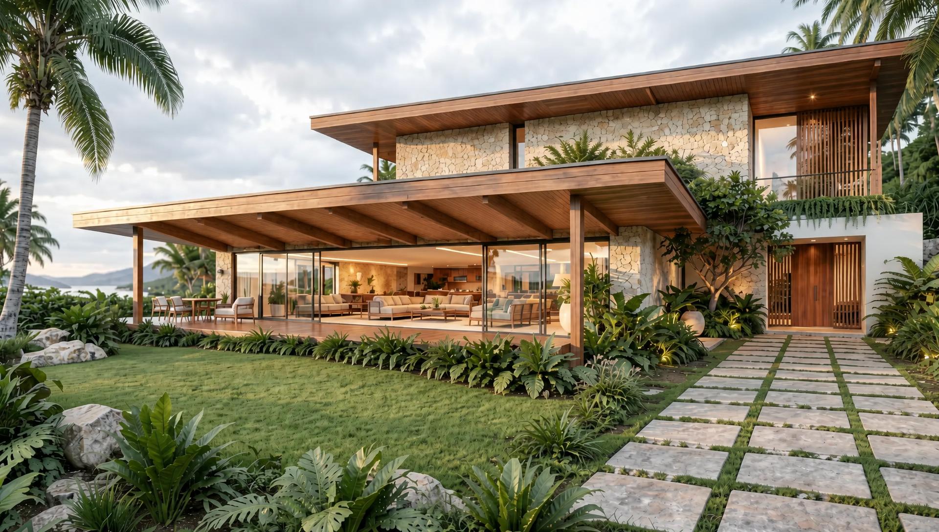 Casa de alto padrão em madeira e pedra natural, com varanda ampla, sala mobiliada e jardim tropical — projetos de arquitetura em São José dos Campos
